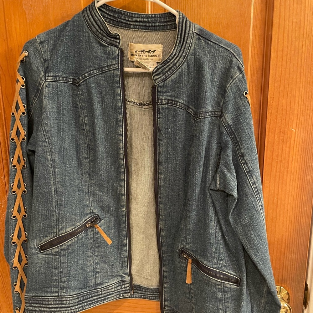 In the Saddle Women's Denim Jacket with Lace-Up Sleeve - Blue